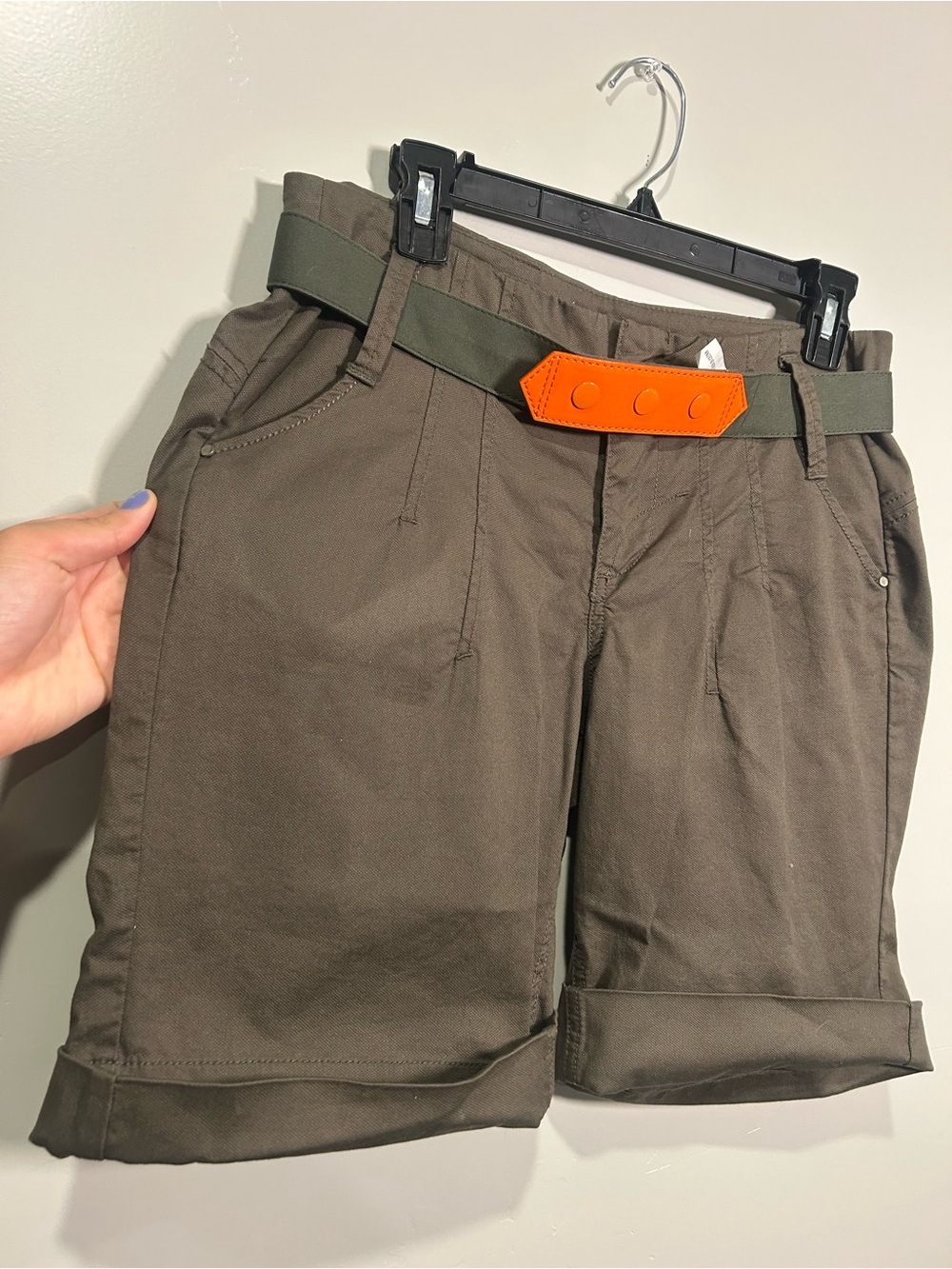 DKNY Olive Green Bermuda Shorts with Orange Accent Belt